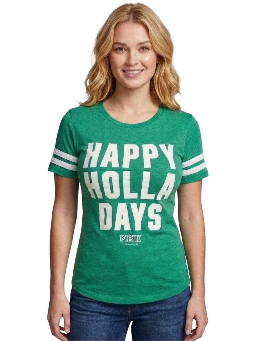 PINK Victoria's Secret Green Y2K Happy Holla Days Varsity Stripe T-Shirt M Xmas